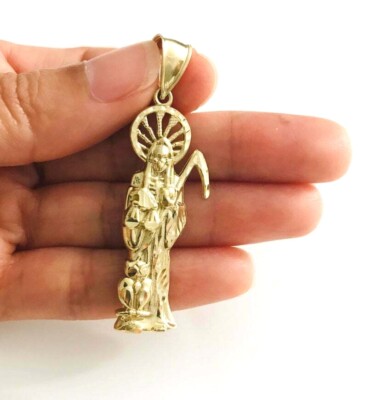 Solid 10K Yellow Gold 2.1'' Santa Muerte Grim Reaper Charm Pendant - G32