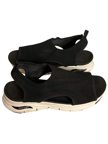 Skechers Arch Fit Sunny Day Sandalen schwarz Strick Slipper Komfort Athleisure Größe 9