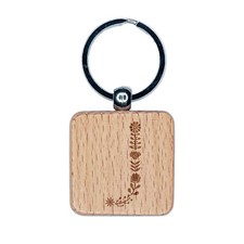 Elegant Botanical Floral Letter J Engraved Wood Square Keychain Tag Charm