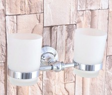 Toothbrush Holder Double Wall Mount Glass Cup Bathroom Accessory Chrome Finish