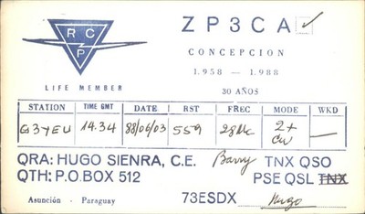 Amateurfunk QSL/QSO ZP3CA G3YEU Concepcion Paraguay 1988 28MHz CW 30 Años