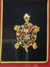 TURTLE Rhinestones In Gold Metal In Black Shadow Box 5" X 4.5" Beautiful!