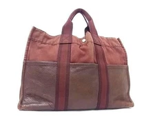 HERMES Foul Tote MM Tote Bag Cotton Leather Bordeaux Brown USED Auth #S3066