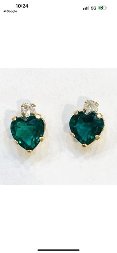 10k Solid Yellow Gold Heart Emerald Earrings Lab Created Stud NEW - Picture 7 of 9