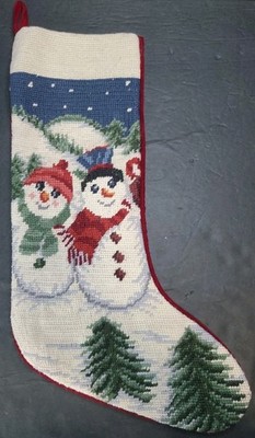 16''x6'' - Vintage Needlepoint Christmas Winter Snowman Snow Stockings Unmarked