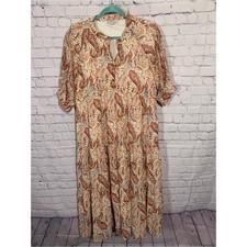 Polagram Womens Paisley Tiered Short Sleeve Midi Dress Brown Size M Cottagecore