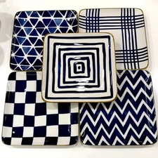 Over and Back Set Of 5 Stoneware Square Plates With Blue Geometric Patterns