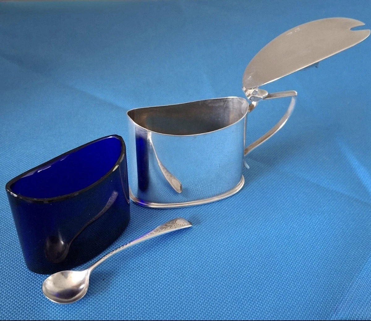 Sterling Silver Mustard Pot w Cobalt Liner & Spoon Sheffield 1894