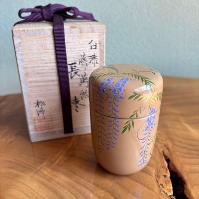 Japanese Lacquer Natsume Tea Caddy White Wisteria Tall Shoho Box