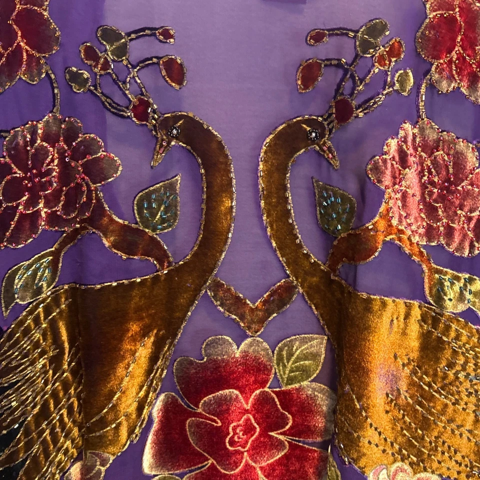 Aris A Silk Top Velvet Peacock Velvet Beaded Boho Kimono Asian Art Wear - Image 4 of 4