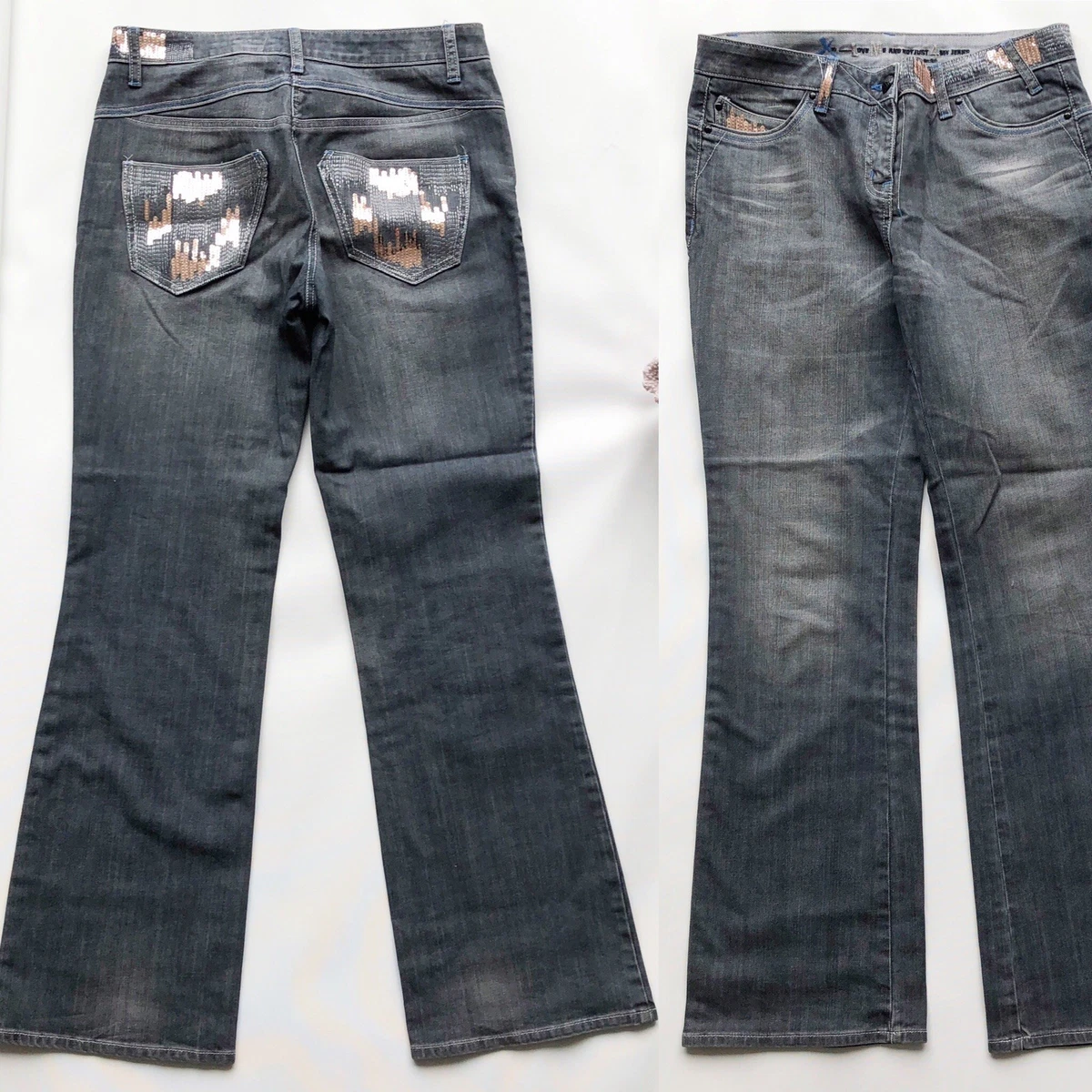 NEXT Grey Blue Jeans Sequin Boho Luxe Bootcut UK12 Arty