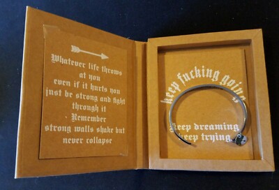 Hand & Heart Silver Motivational Keep F&%$ Going Cuff Bracelet w/ Gift Box