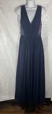Vera Wang Sz 4 Navy Chiffon Sequin Mesh Panel Pleated V-Neck Gown Dress
