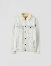 Pull & Bear Light Wash Ripped Denim Jacket With Faux Shearling Uk Size Large