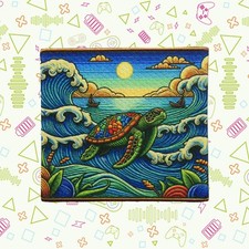 Retro Ocean Wave Sea Turtle Patch Iron-on Applique Clothing Vest Jacket Beach