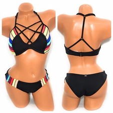 Victoria Secret Pink Black  Multicolored Chevron Bikini Swimsuit Set Size S