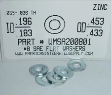 #8 SAE Flat Washers Steel Zinc Plated, 3/16"IDx7/16"OD. Nominal (200)