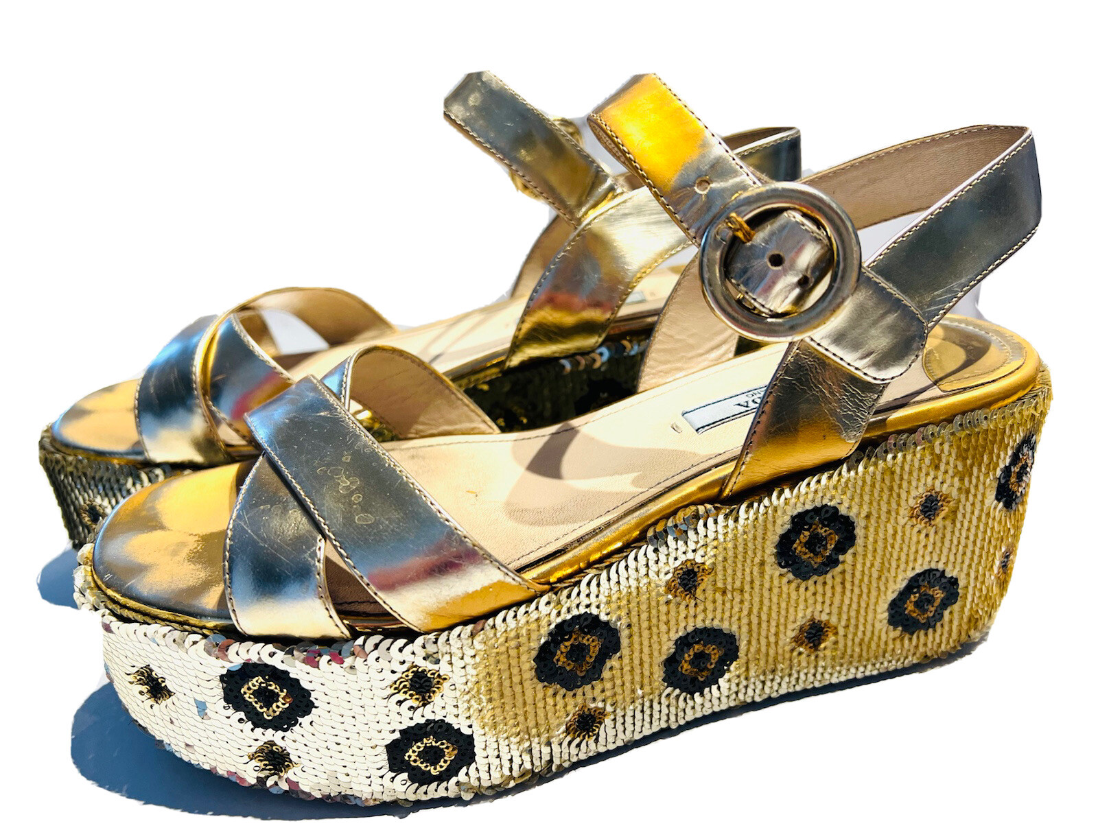 Prada Gold Leather Flower Sequin Women's Platform Wedge Sandals Heels | eBay