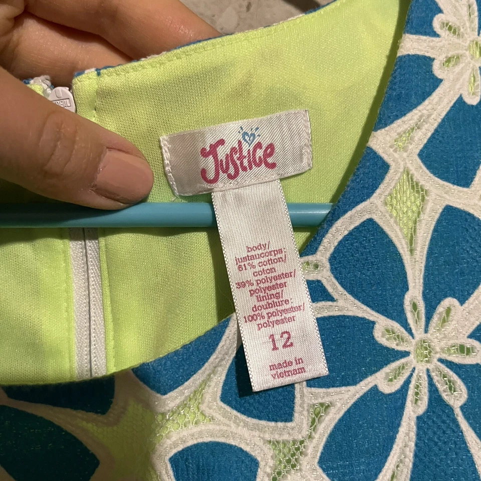 Justice Girls Dress Size 12 Lace Blue Lined Neon Green Floral Summer Party - Image 3 of 4