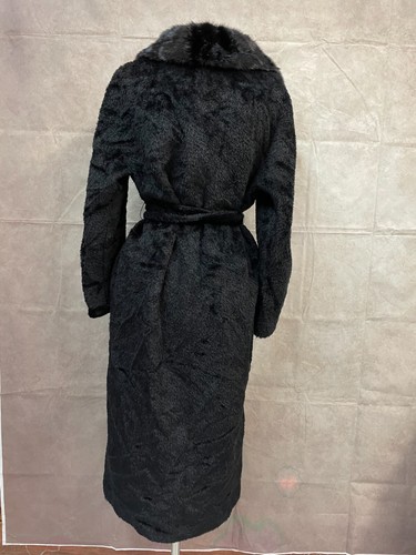 Max Mara Long Coat Womens Black Fluffy Faux Fur Mink Collar Belted Size 10 - Picture 3 of 10