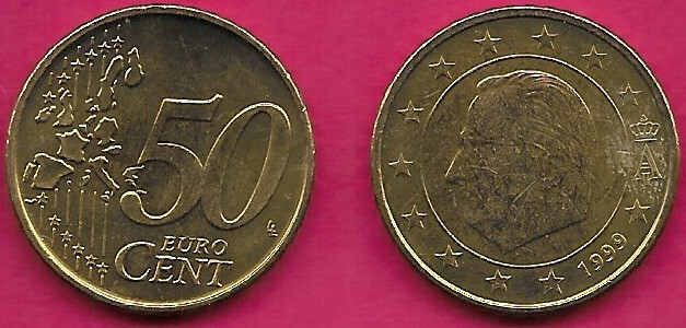 BELGIUM 50 EURO CENT 1999 UNC 1st MAP,1st TYPE,1st PORTRAIT OF