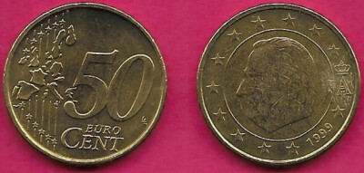 BELGIUM 50 EURO CENT 1999 UNC 1st MAP,1st TYPE,1st PORTRAIT OF