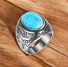Turquoise Oval Cut Gemstone With 925 Sterling Silver Ring For Men's #A307 *