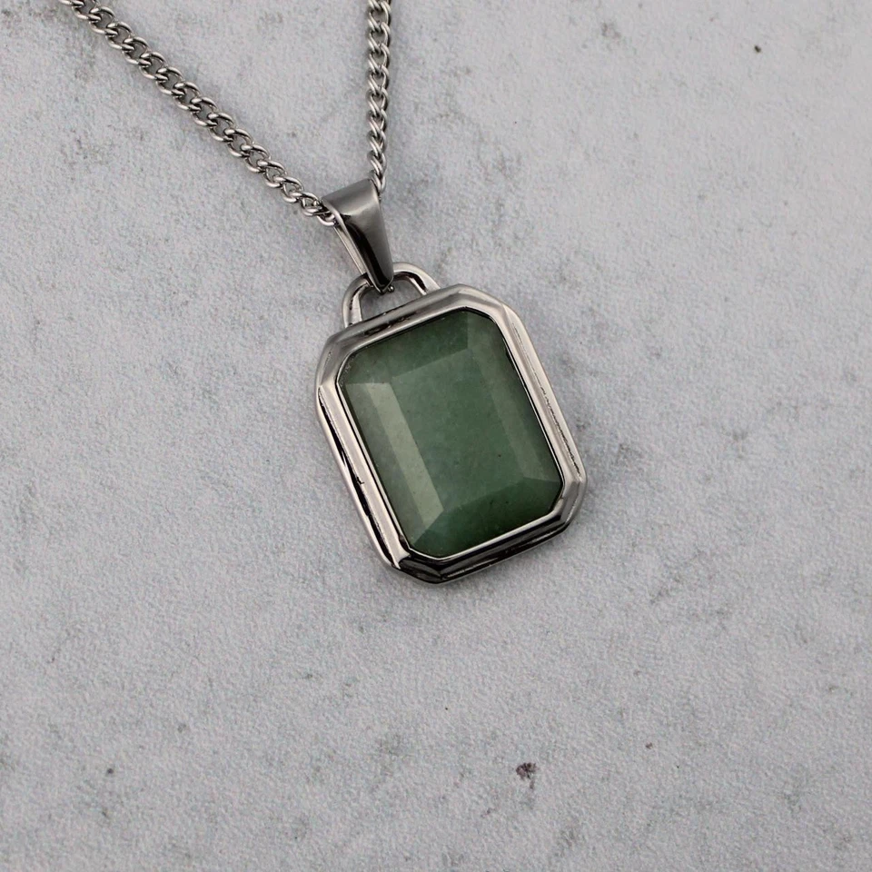 Silver Aventurine Pendant Chain Necklace Stainless Steel Green Gemstone - Image 3 of 4