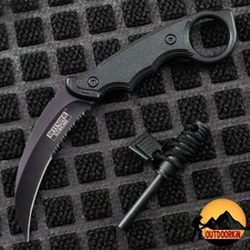8" KARAMBIT Tactical BLACK Fixed Blade Hunting Knife HAWKBILL CLAW Fire Starter