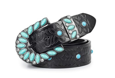 Women Men Rhinestone Belt Western Fit for waistline 27 - 39 inches Bright-black