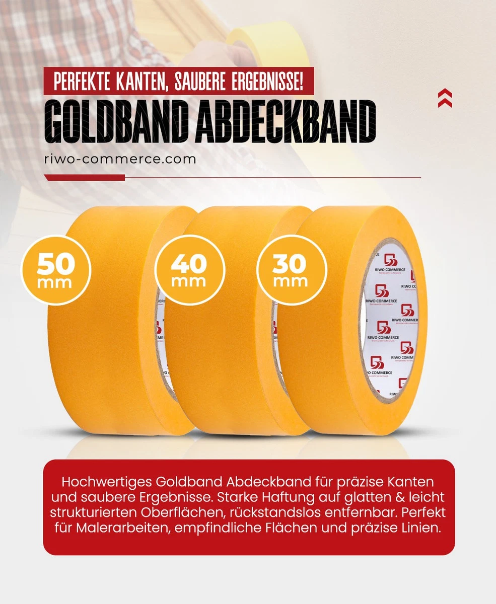 Malerkrepp Goldband 3 Rollen je 50 m – 30/40/50 mm Abdeck-Klebeband Innenbereich