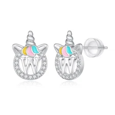Unicorn Earrings for Girls, Letter W Initial Earrings for Little Girls Toddler E