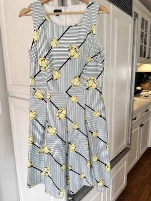 Spring Garden Party TALBOTS Womens 10 Blue Yellow Tulip Cotton Fit & Flare Dress