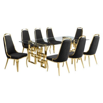 Best Quality Furniture 9pc Tempered Glass Dining Set w Black Velvet Chairs
