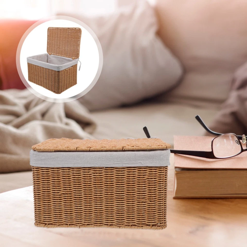 Rectangular Rattan Storage Basket With Lid And Liner Woven Wicker Box Sundries - Image 3 of 4