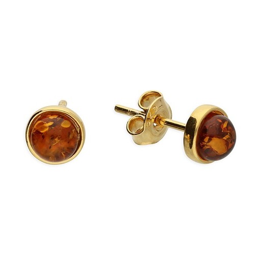Coñac Ámbar 6mm Tuerca Pendientes 24k Amarillo Oro En Plata Maciza de Ley 925