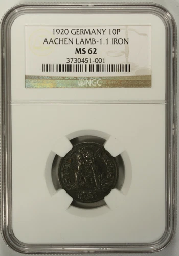 Germany 10 Pfennig 1920 NGC MS 62 UNC Iron City of Aachen Lamb-1.1