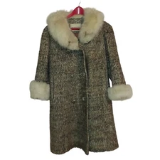 Abraham & Straus Women's Vintage 50's Wool Coat Fox Collar & Cuffs Jacket Beige