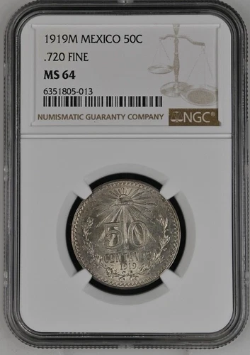 1919 M Mexico 50 Centavos .720 Silver NGC MS 64