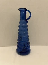 Vintage Handblown Blue Bubble Glass Ribbed Single Applied Handle Ewer Pitcher