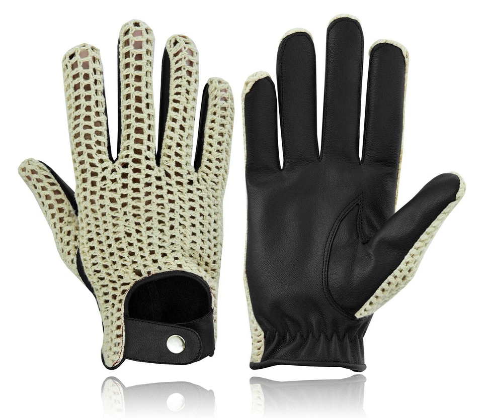 MENS CLASSIC SOFT GENUINE LEATHER GLOVES VINTAGE SUMMER COTTON MESH MITTENS BIKE - Image 3 of 4