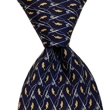 BROOKS BROTHERS Country Club Silk XL Necktie USA Designer FISH Blue/Yellow EUC