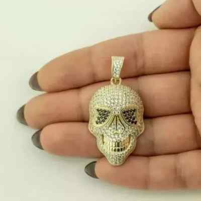 14K Yellow Gold Plated Halloween Skull Pendant 2Ct Round Simulated Black Diamond