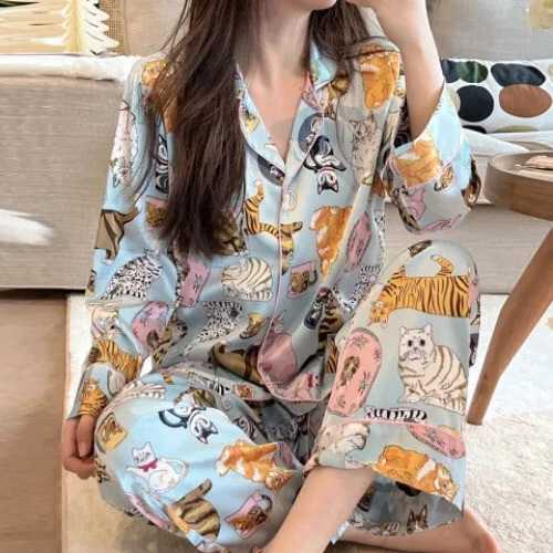 Pijama Seda Hielo Mujer Pijama Primavera Manga Larga Hogar Set - Imagen 32 de 49