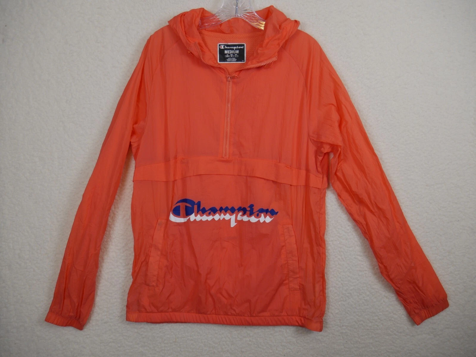 Champion Jacket Mens Medium Windbreaker Coral Anorak Hooded Pullover Lightweight