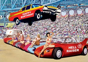 Happy Birthday Hell Raiser Card Retro American Cars With Bikini