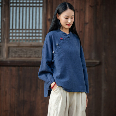 Chinesisch Ethnisch Damen Lang Hemd Mandarine Kragen Frosch Knopf Bluse Oberteil