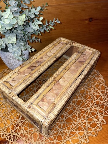 Vintage Tissue Box Cover Holder Bamboo Rattan Wicker Coastal Boho Rectangular - Picture 4 of 24