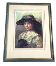 Edwardian English Lady Portrait Wide Brim Hat 22.5" x 18.5" Matted & Framed