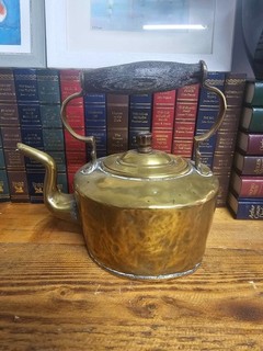 Both Solid & Rustic Vintage Hefty Brass Kettle Tea Pot With Wooden Handle